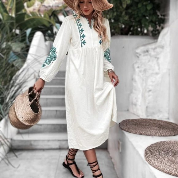 beige Floral Embroidery Notched Neckline Lantern Sleeve Dress - Picture 4 of 6